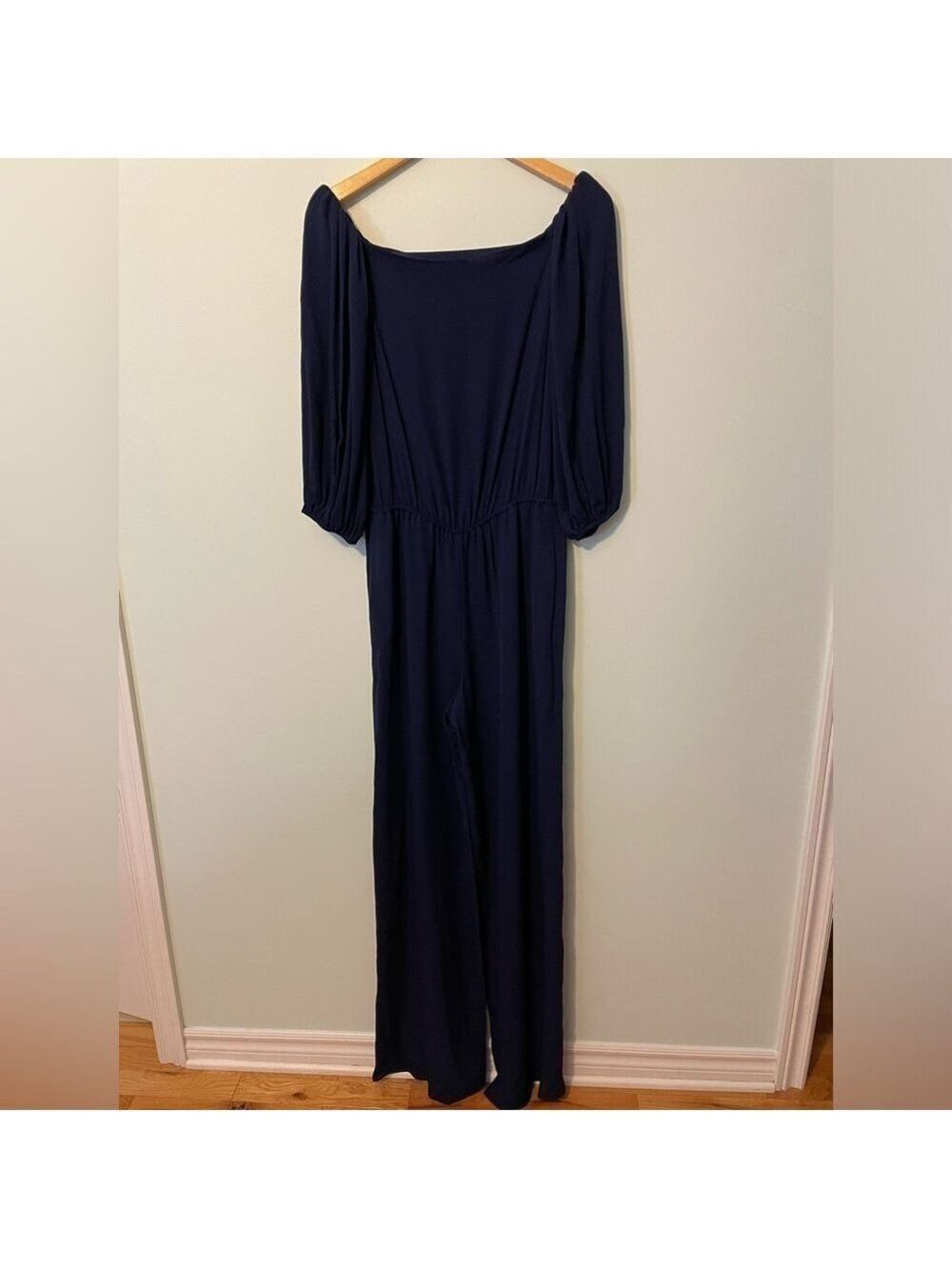 Theory Off Shoulder 100% Silk Navy Jumpsuit Small - Picture 3 of 13